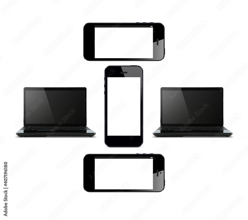 smartphones with white screens and computer monitors on a white background smartphones with white screens and computer monitors on a white background