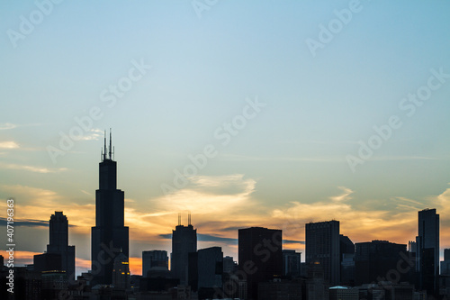 Beautiful Chicago skyline at sunset, backlit