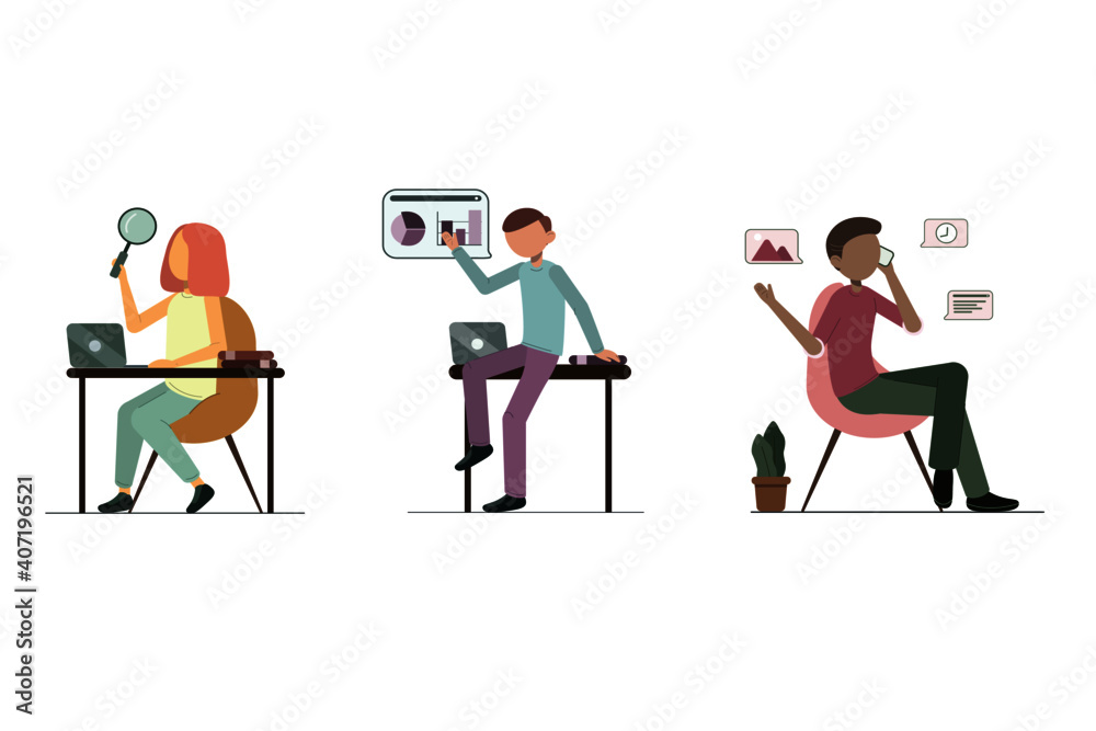 Management workers set on the white background. QA tester, business analyst, project manager. Flat vector illustration.