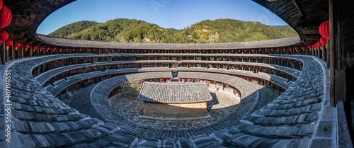Panorama view of the inside of Tulou, traditional Chinese architecture in Fujian province, China.