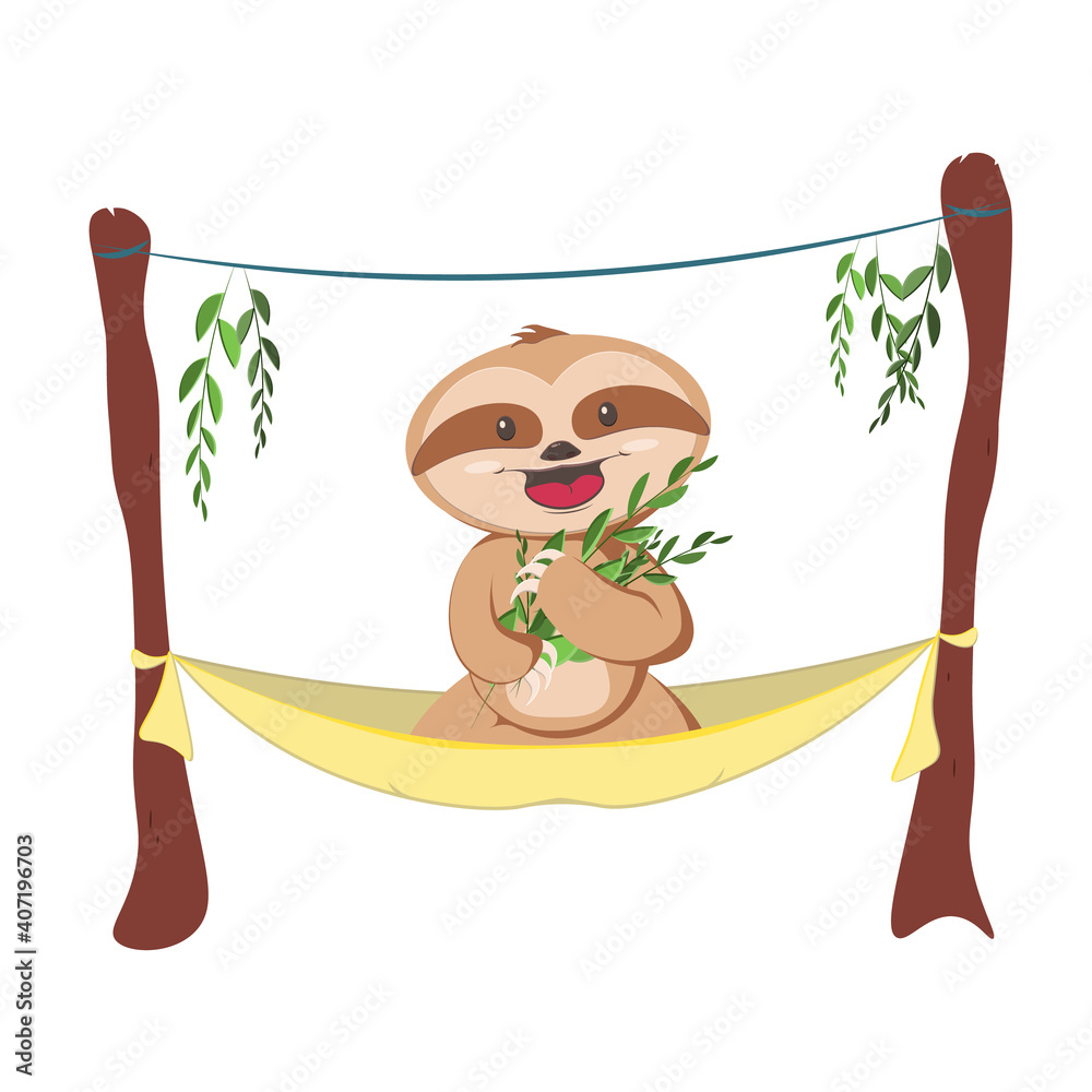 Fototapeta premium Cute gray sloth sleeping, resting on tree branch. Adorable hand drawn baby sloth character hanging on the tree.