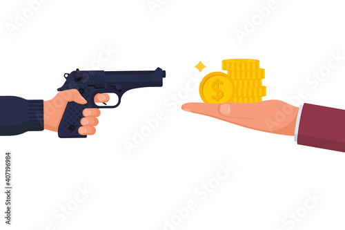 Criminal threatening gun extorts money from the victim. Robbery concept. Bandit with a gun. Money stack of coins in hand. Vector illustration flat design. Isolated on white background. Theft of cash.