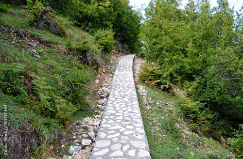 pedestrian path made of stones in the natural park Martvili Canyon
