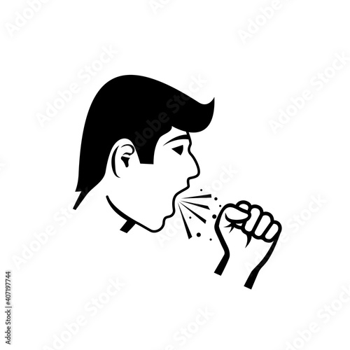 The man coughs into a fist. Silhouette of a black line of the head of a sick person. Cover mouth hand. Cartoon style. The disease is pneumonia or bronchitis or asthma.