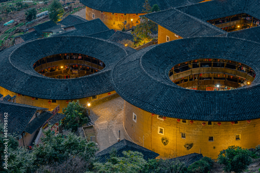 The night view of Tulous, a historic Chinese architecture in Fujian province, China.