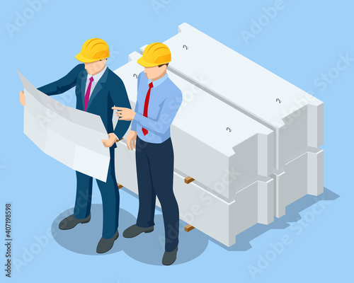 Isometric Construction Engineers and Builders in Yellow Safety Helmets On Building Site with Architectural Plan. Business Plan Development.
