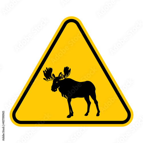 Moose traffic sign. Vector illustration of yellow triangle warning sign with elk icon inside. Caution deer isolated on background. Symbol used on roads close to forests. Symbol of Norway and Sweden.