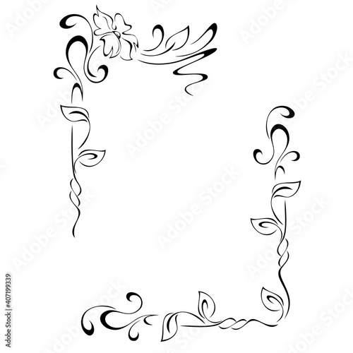 frame 77. decorative rectangular frame with stylized flower, leaves and vignettes in black lines on a white background
