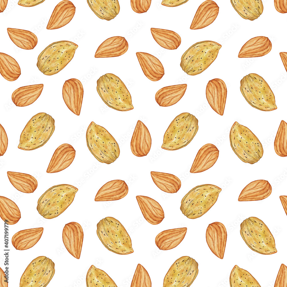 Repeat texture almond seed on white background. Watercolor hand drawing illustration. Perfect for print or digital paper. Food seamless pattern with yellow nut. Repeat texture almond seed on white background. Watercolor hand drawing illustration. Perfect for print or digital paper. Food seamless pattern with yellow nut.