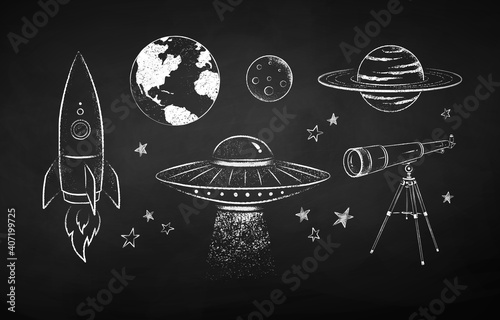 Chalk drawn collection of space objects