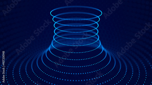 Grid texture. Wireframe surface tunnel. Wormhole. 3d rendering. Abstract blue dots flow on background.