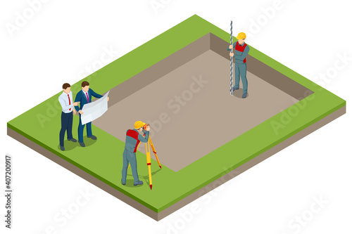 Isometric surveying measuring equipment level theodolite on tripod isolated on white background. Professional engineer surveyor takes measures with theodolite. Construction measuring tool