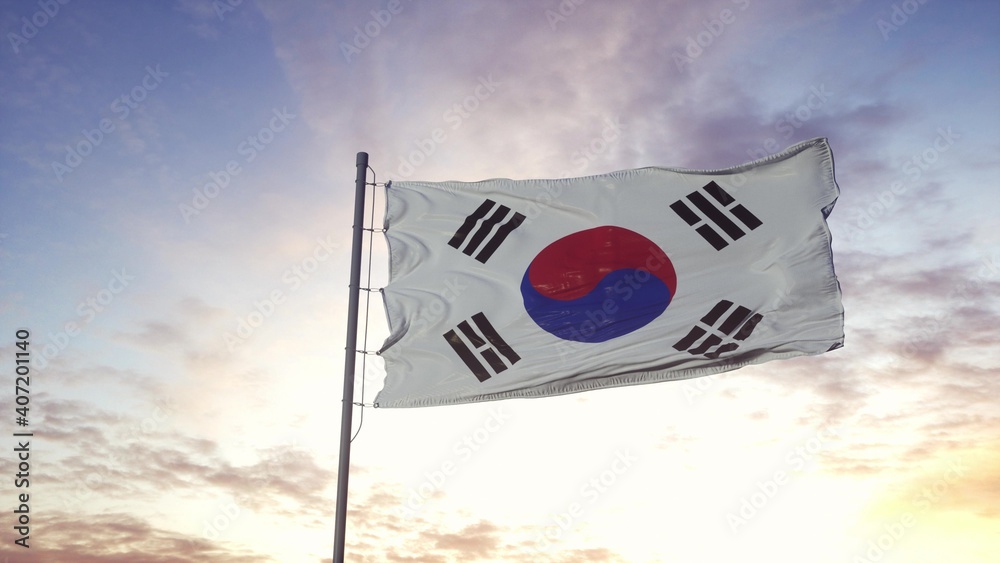Naklejka premium South Korea flag waving in the wind, dramatic sky background. 3d illustration