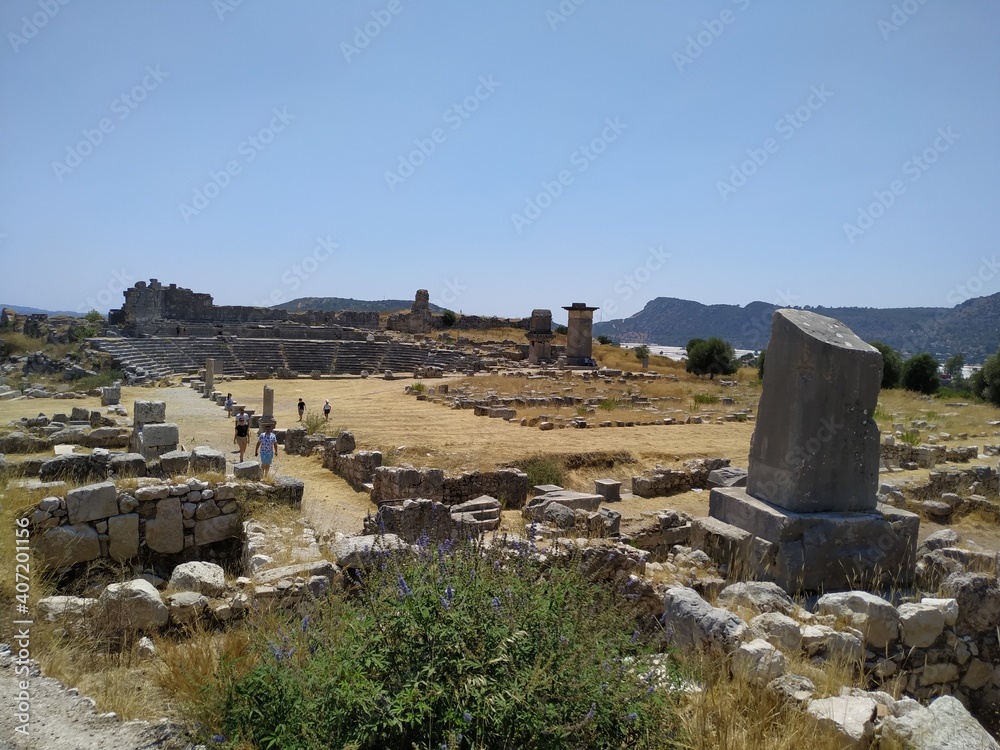 View of Agora and Theatre in Xanthos Ancient City at location Kinik, Kas, Antalya, Turkey