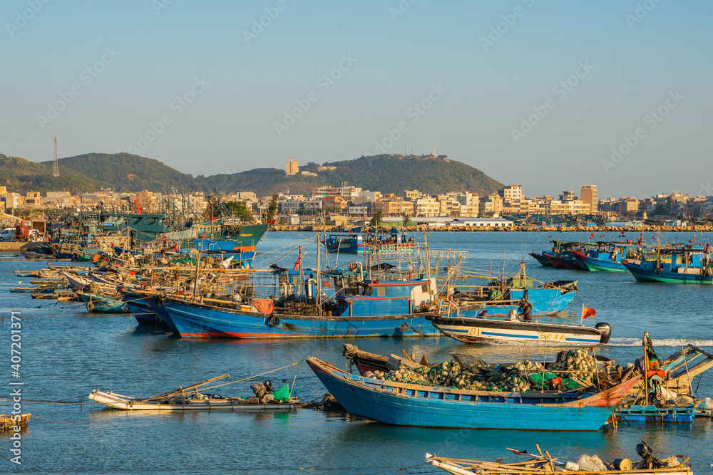 The fishing boats in the bay at Nan'ao Island, Guangdong province, China, at sunset.
