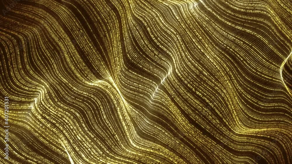 Digital gold particle wave abstract background. 4K movement loop. 3d rendering
