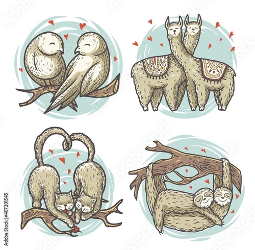 Set of lovers on branch for the Valentines Day love cards. Romantic color illustration of two slots, owls, birds and lama in love