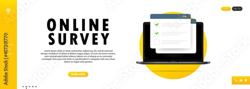 Online survey illustration. Check list online form on laptop. Report on website or web internet survey, exam checklist. Browser window with check marks. Vector on isolated white background. EPS 10
