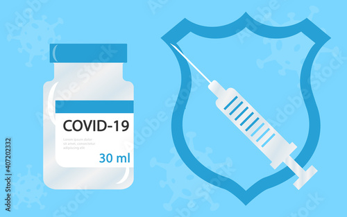 Vector illustration of a vaccine against coronavirus and syringe, vaccination campaign and treatment. All elements are isolated.