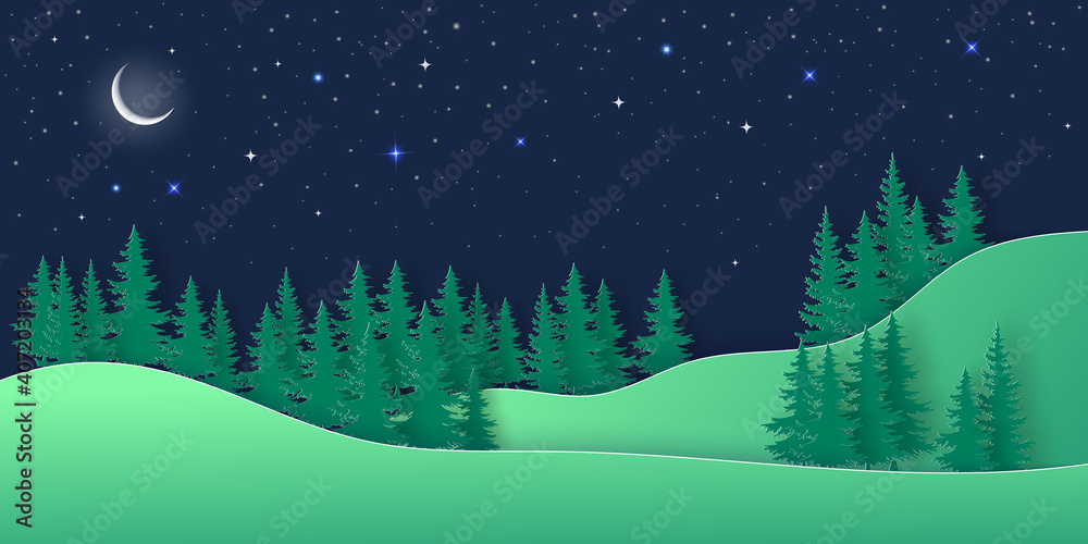 night sky with stars and moon. paper art style. Vector of a crescent moon with stars on a cloudy night sky.
Moon and stars background. Vector EPS 10.