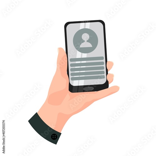 The left female hand holds a black smartphone. The phone displays the phonebook profile icons. White background in gray shades.Digital technology and communication concept.