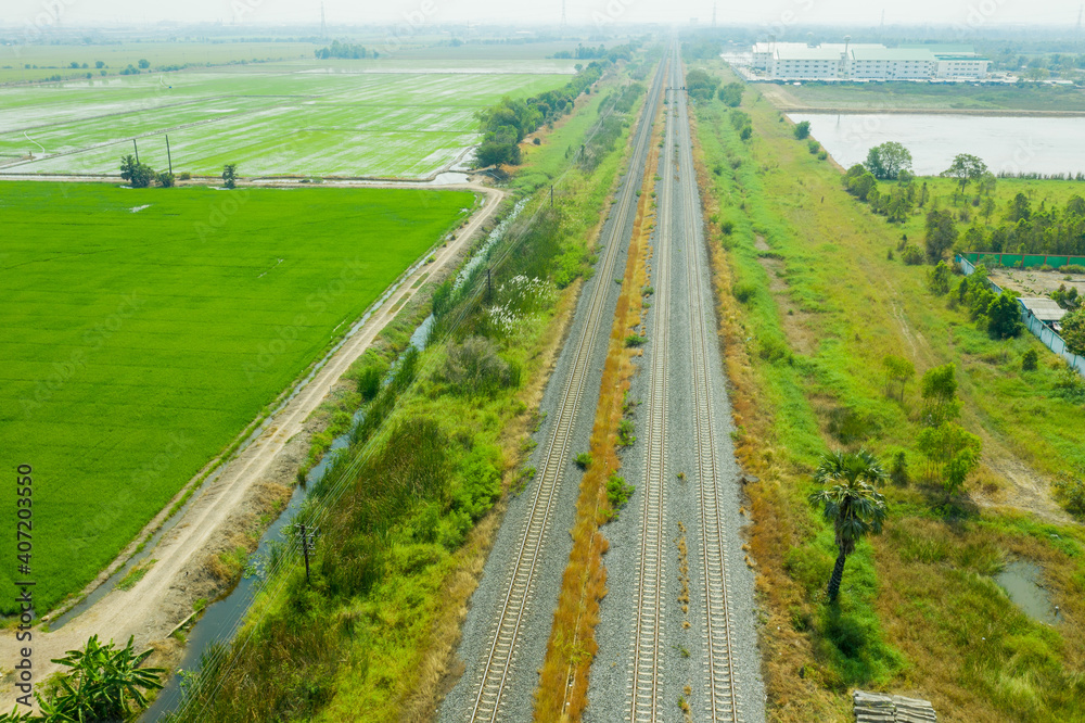 Aerial view from flying drone of railroad tracks

