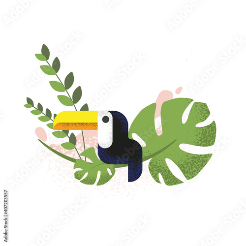 Toucan, exotic plants. Composition for printing. Illustrations with a grain texture. Summertime.