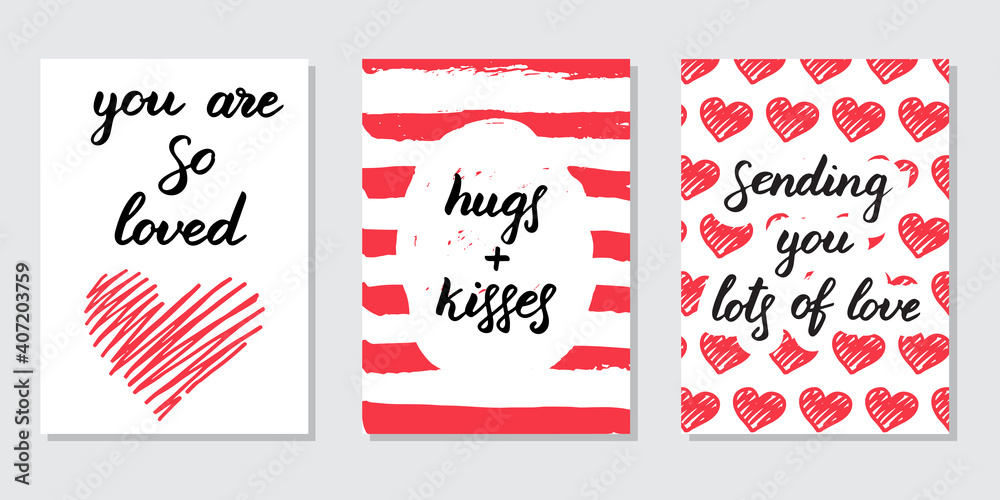 Set of 3 Valentines day cards. Trendy prints in red colors with hand drawn phrases. Lettering compositions. Greeting postcards in simple style. Romantic doodle illustration. Seasonal design, poster Set of 3 Valentines day cards. Trendy prints in red colors with hand drawn phrases. Lettering compositions. Greeting postcards in simple style. Romantic doodle illustration. Seasonal design, poster