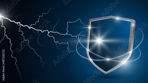 Glowing lightning strikes the shield. Protection against electrical discharge. Concept of reliable protection, security. Realistic 3d vector. Dark blue background