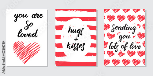 Set of 3 Valentines day cards. Trendy prints in red colors with hand drawn phrases. Lettering compositions. Greeting postcards in simple style. Romantic doodle illustration. Seasonal design, poster