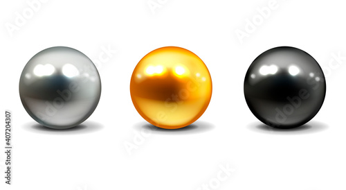 Metal realistic spheres set with reflection. Gold, silver and black.