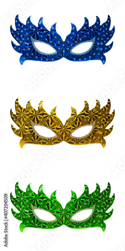 Blue, gold, green paper carnival masks isolated on white.