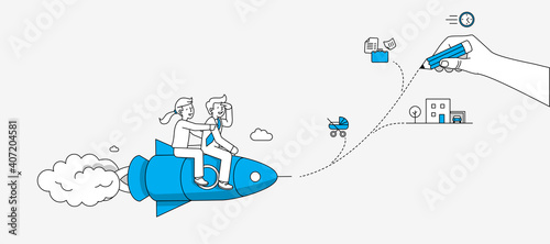Young couple flying on the rocket and planning a future together. Modern illustration in linear style.