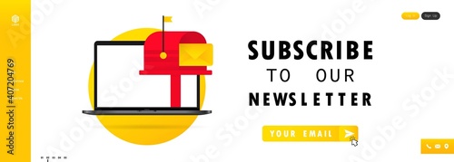 Subscribe to our newsletter banner. Sign up form with envelope, email sign. Vector on isolated white background. EPS 10