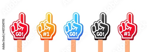 Sport team fans. Raised hands wearing foam fingers. Hand up with Go text. Vector on isolated white background. EPS 10