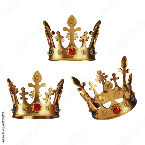 Golden Crowns isolated on White Background. 3D illustration