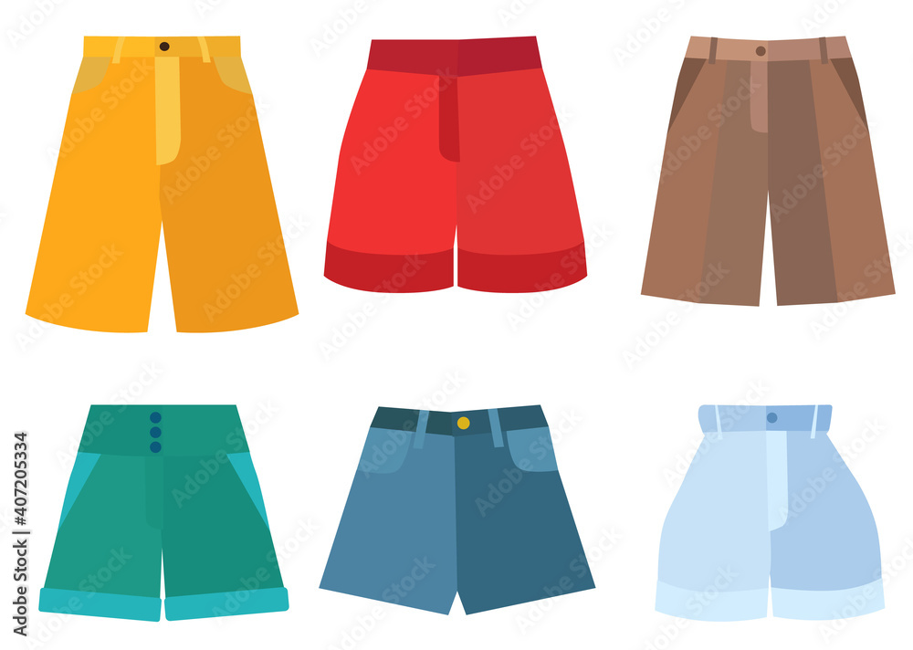 vector, isolated, shorts in flat style, set vector, isolated, shorts in flat style, set