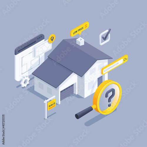isometric vector illustration on gray background, magnifier and house holding sign for sale, housing search, web platform for real estate sale
