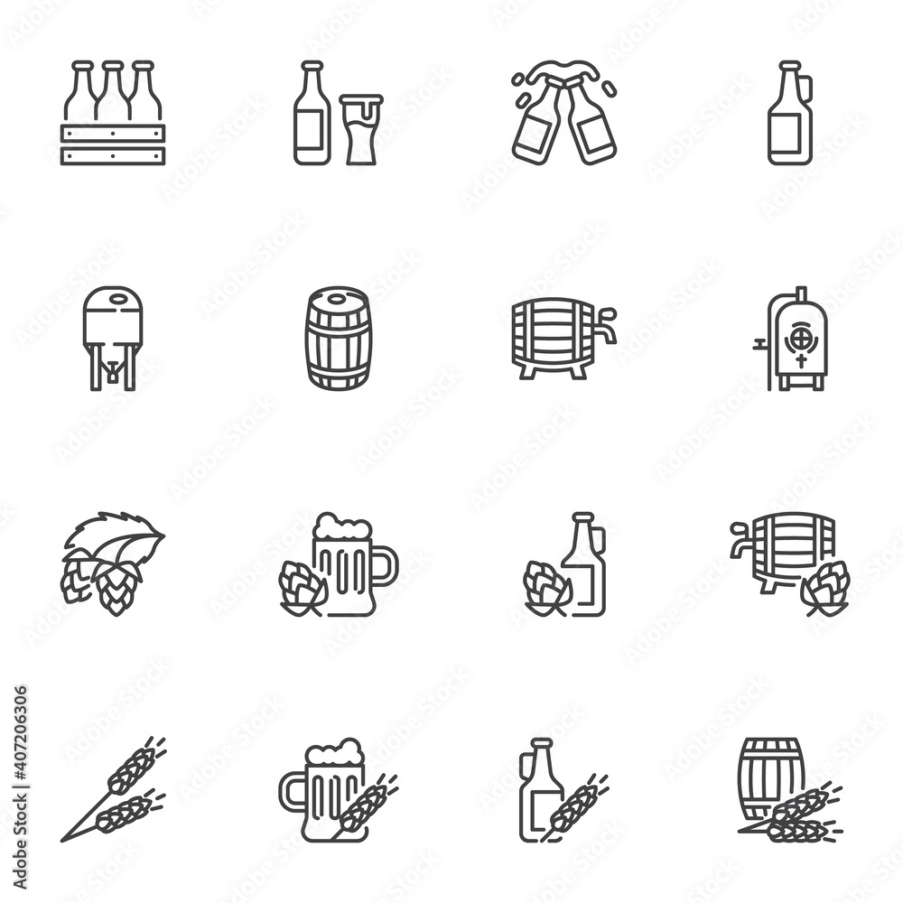 Brewery beer line icons set, outline vector symbol collection, linear style pictogram pack. Signs, logo illustration. Set includes icons as craft beer bottle, barrel cask, pint glass, hop, barley Brewery beer line icons set, outline vector symbol collection, linear style pictogram pack. Signs, logo illustration. Set includes icons as craft beer bottle, barrel cask, pint glass, hop, barley
