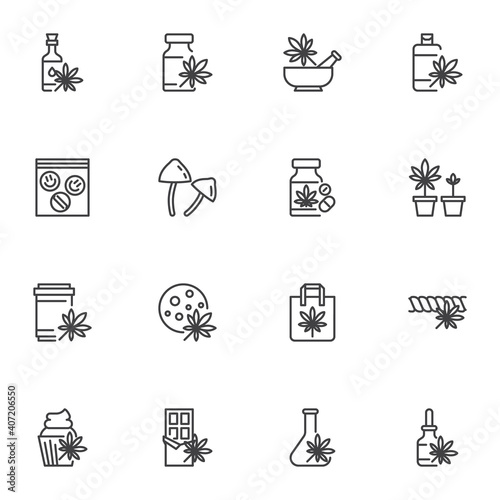 Medical marijuana line icons set, outline vector symbol collection, linear style pictogram pack. Signs, logo illustration. Set includes icons as growing marijuana plant, CBD oil bottle, cannabis leaf