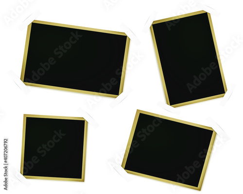 Realistic photo frames. Vintage empty photos frame with adhesive tapes. Images on wall, retro memory album. White blank square old card for photograph memories vector template.