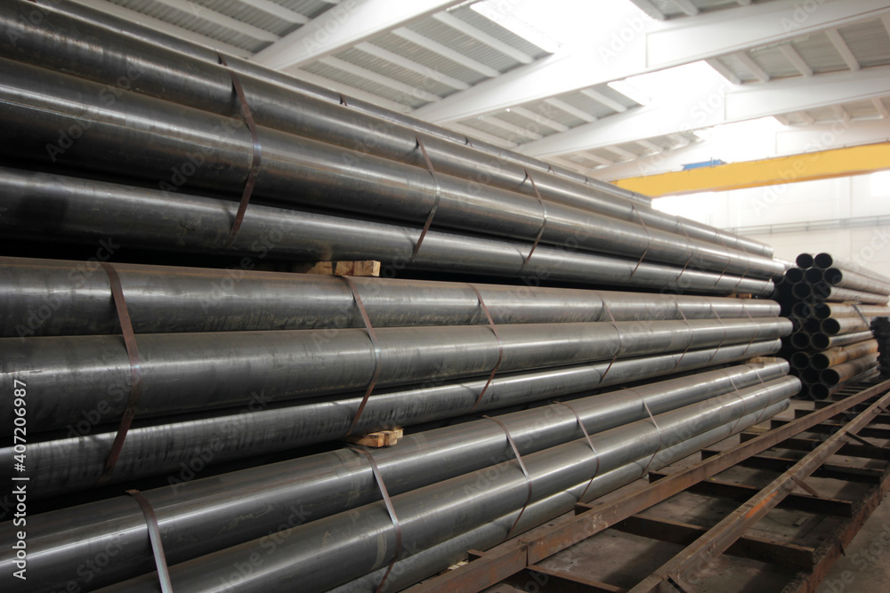 steel metal pipe stack inside factory