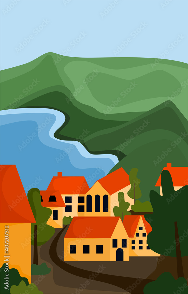 Naklejka premium A town in the mountains. Small houses, a lake, and hills.