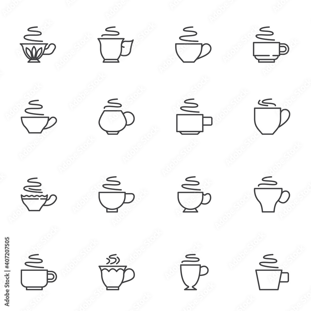 Hot tea cup line icons set, outline vector symbol collection, linear style pictogram pack. Signs, logo illustration. Set includes icons as hot coffee mug, cup with steam Hot tea cup line icons set, outline vector symbol collection, linear style pictogram pack. Signs, logo illustration. Set includes icons as hot coffee mug, cup with steam