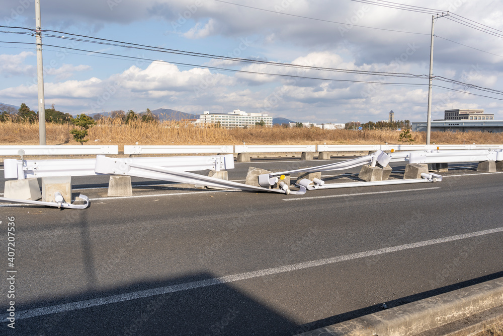 Guardrails destroyed by a traffic accident, Tsukuba, Ibaraki, Japan.
