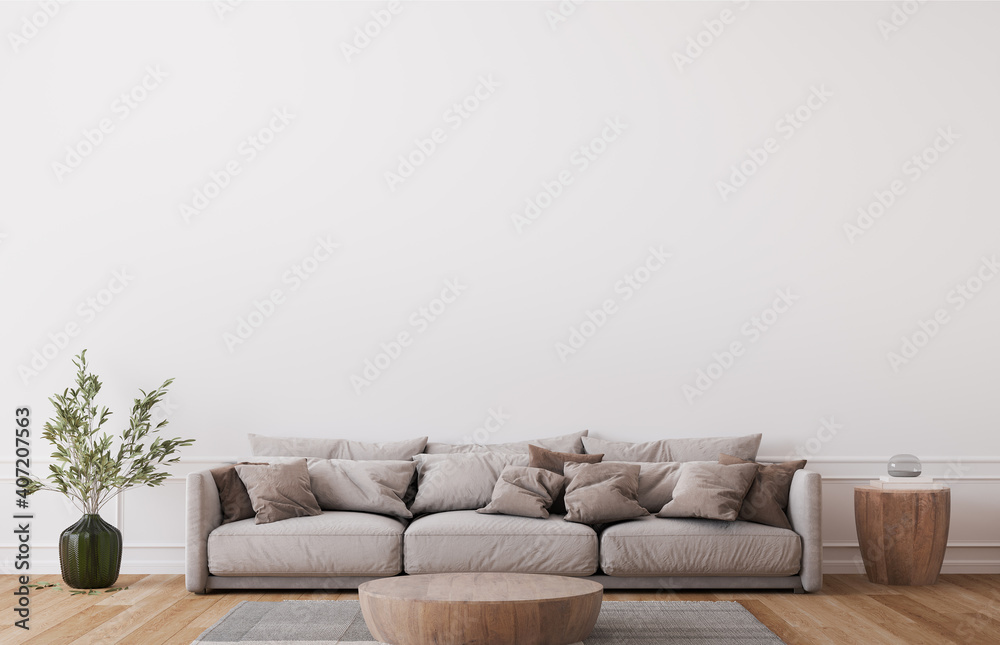 Mockup wall in farmhouse living room interior, beige sofa on white wall background, 3d render - obrazy, fototapety, plakaty 