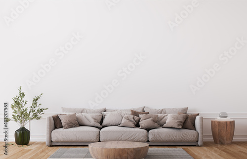 Mockup wall in farmhouse living room interior, beige sofa on white wall background, 3d render