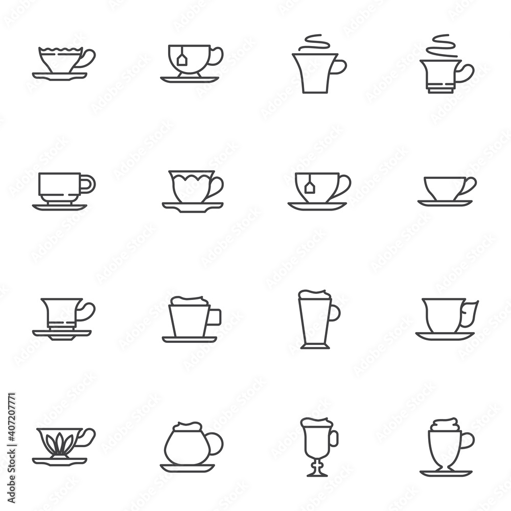 Tea and coffee cup line icons set, outline vector symbol collection, linear style pictogram pack. Signs, logo illustration. Set includes icons as irish coffee mug, hot tea cup and saucer, mocha Tea and coffee cup line icons set, outline vector symbol collection, linear style pictogram pack. Signs, logo illustration. Set includes icons as irish coffee mug, hot tea cup and saucer, mocha