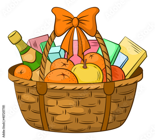 A Wattled Basket with Holiday Gifts, Fruits, Boxes and a Bottle of Champagne Wine. Vector