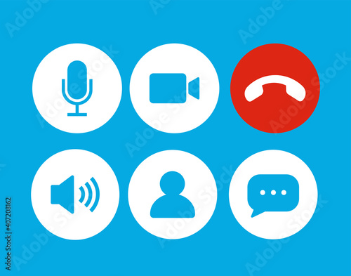 Set of Video call icons. Video conference. Collections buttons of on-line video chat app, internet talk, call technology. Web app ui display template. Videoconferencing and online meeting workspace